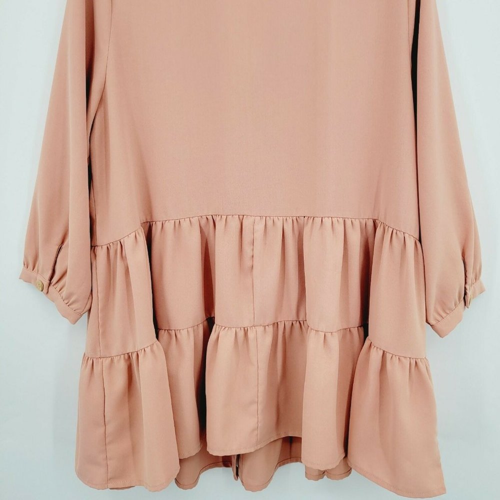 Entro Button-up Tiered Tunic Pink Size L Quarter Sleeve Solid Ruffle Split Neck - Picture 8 of 11